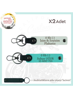Motor Severler Için, Isim Plaka ve 0 Rh (-) Kan Grubu X2' Li Anahtarlık, Hediye , Beyaz-Turkuaz-Laci