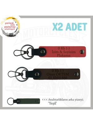 Motor Severlere Özel, Isim Plaka ve 0 Rh (-) Kan Grubu Yazılı X2 Anahtarlık, Nar Çiçeği-K Kahve-Ysl