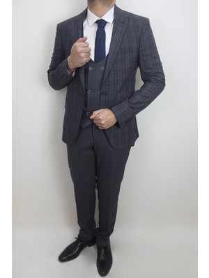 Duayen Fistan Store Erkek Gri - Mavi Ekose Kareli Italyan Kesim Dar Kalıp Tek Düğme Yelekli Takım Elbise
