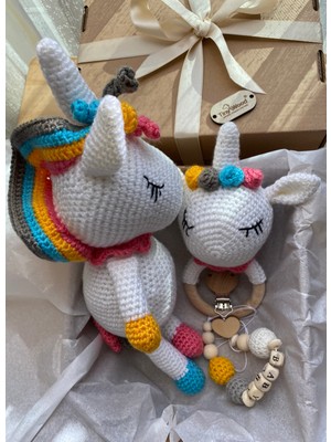 Tiny Wood Yenidoğan Unicorn Bebek Hediye Seti – Isme Özel Emzik Zincirli