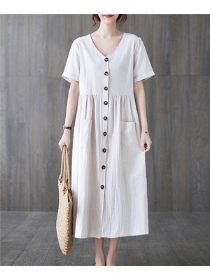 Günlük Keten Rahat V Yaka Beli Büzgü Detaylı Düğmeli Elbise