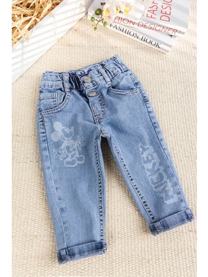 Fiğürlü Denim Pamuku  Şık Kot Kız Bebek Pantolon