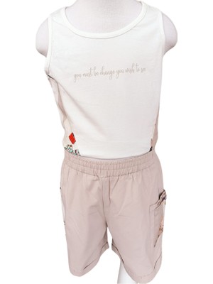 Fancy Kids Kız Çocuk Özel Baskılı Ekru Crop Atlet T-Shirt Vizon Şort  4 Yaş Vizon