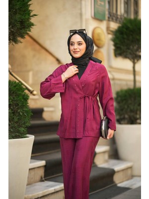 Kadın Yazlık Modal Kumaş Boncuk Detaylı Bağlamalı Ceket & Pantolon Ikili Takım