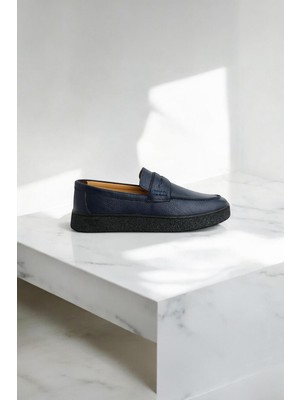 Greyybull Lacivert Hakiki Deri Kadın Loafer Ayakkabı, Hafif Düz Tabanlı Günlük Kullanım İçin Rahat