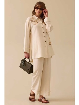 Kadın Beli Lastikli Paça Detaylı Pantolon - Bej