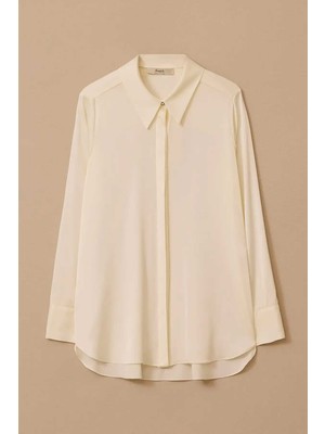Kadın Gizli Düğmeli Saten Gömlek - Ekru