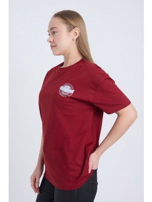 Kadın Oversize Baskılı Tişört Bordo Original Vintage