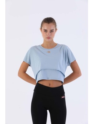 Maraton Comfort Kadın Bisiklet Yaka  Kısa Kol Sisli Mavi Crop Top 20868