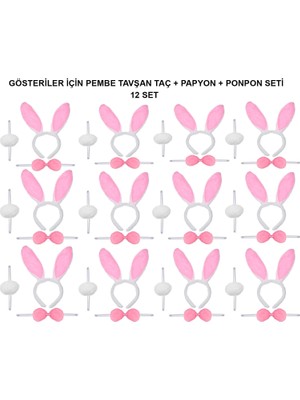Pembe Tavşan Kostüm Seti – Taç, Papyon, Ponpon (12’li Paket)