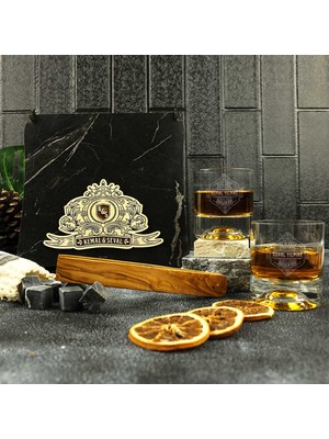 Arma Tasarımlı Isim & Tarih & Mesaj Yazılı Maşa & Taşlı 2'li Viski Kadehi Seti