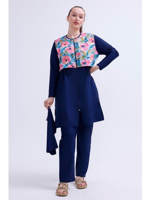 Büyük Beden Tam Kapalı Tesettür Mayo 2516 Gizem Bahçe Lacivert