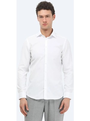 Beyaz Düz Slim Fit Dokuma Klasik Pamuk Karışımlı Gömlek