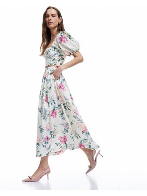 Koton x Melis Ağazat - Rahat Kalıp Pamuklu Cepli Uzun Çiçekli Kloş Etek