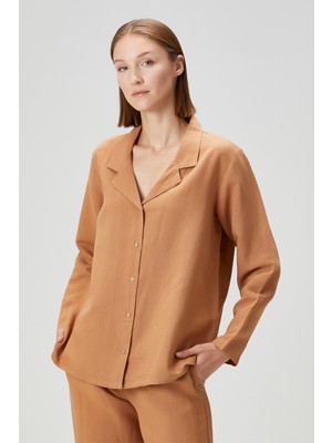 Barine Lino Keten Gömlek Pijama Üstü Karamel