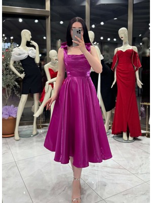 Lilit Askısı Fiyonk Detaylı Arkası Dekolteli Midi Boy Parlak Abiye Elbise Mor