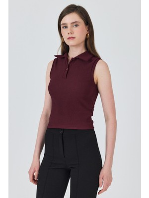 Bordo Düğmeli Polo Yaka Sıfır Kol Örme Bluz 2219