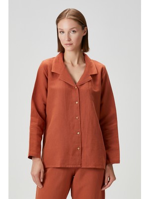 Barine Lino Keten Gömlek Pijama Üstü Turuncu