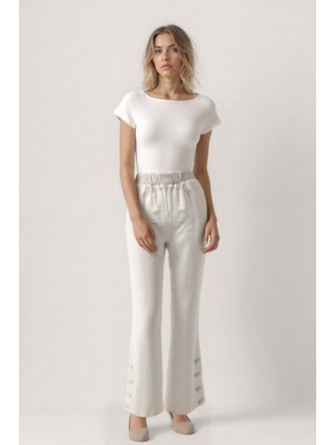 Paçası Düğmeli Krinkıl Kumaş Pantolon