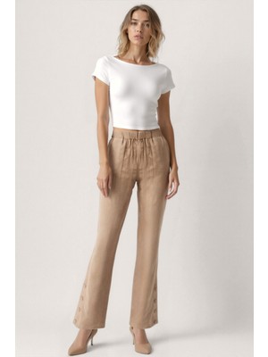 Paçası Düğmeli Krinkıl Kumaş Pantolon