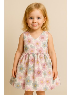 Kız Çocuk Pamuklu Çiçek Desenli  Arkası Fiyonklu Elbise