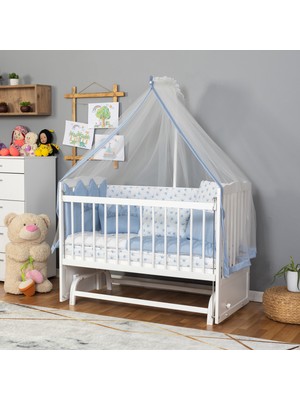 Bamgidoo Ahşap Lake Beyaz Renk Anne Yanı Beşik 3 Kademeli Sallanan Ahşap Beşik 60 x 120 cm - Mavi Prens Uyku Setli & Soft Yataklı