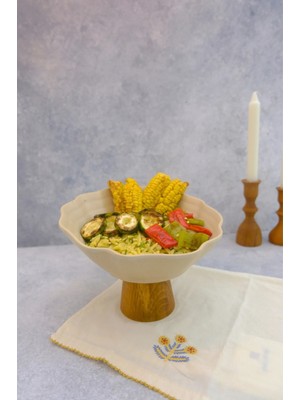 Pearly Ahşap Ayaklı Bej 24 cm Melamin Servis Tabağı, Çukur Sunum Tabağı, Sunumluk, Kase