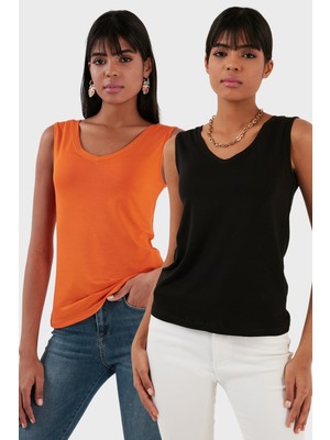 Lela Slim Fit V Yaka Kalın Askılı 2' Li Paket Bluz Bayan Bluz 5864384S2