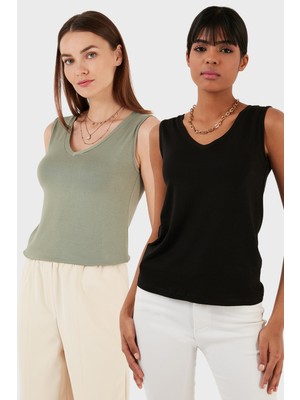 Lela Slim Fit V Yaka Kalın Askılı 2' Li Paket Bluz Bayan Bluz 5864384S2