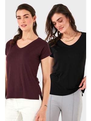 Lela V Yaka Relaxed Fit Yırtmaç Detaylı 2'li Paket Bluz Bayan Bluz 5862000S2