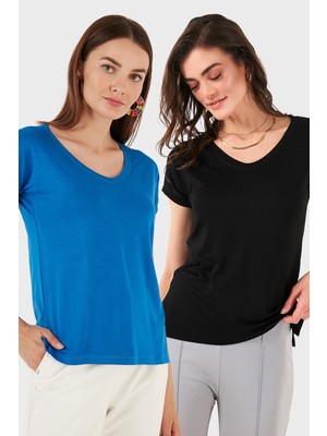 Lela V Yaka Relaxed Fit Yırtmaç Detaylı 2'li Paket Bluz Bayan Bluz 5862000S2