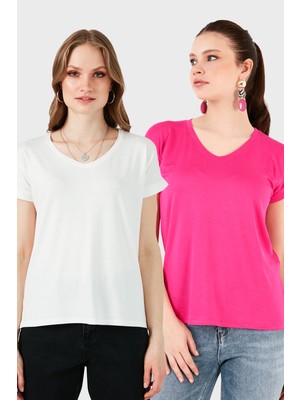 Lela V Yaka Relaxed Fit Yırtmaç Detaylı 2'li Paket Bluz Bayan Bluz 5862000S2
