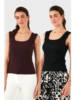 Lela Slim Fit Kalın Dantelli Kare Yaka Bürümcük 2'li Paket Atlet Bayan Atlet 5864979S2