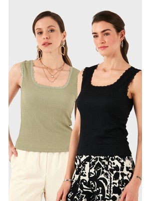 Lela Slim Fit Kalın Dantelli Kare Yaka Bürümcük 2'li Paket Atlet Bayan Atlet 5864979S2