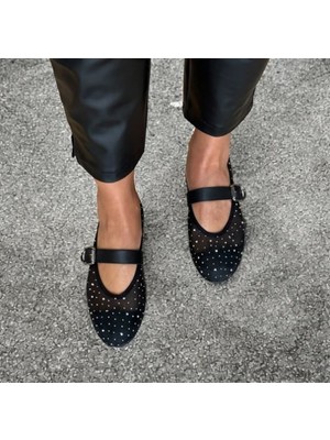 Ne&Ve Shoes Kadın Siyah File Taş Detaylı Tek Bantlı Günlük Babet Düz Taban Tasarım