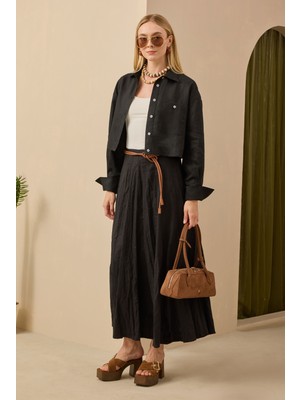 Parçalı Keten Etek Siyah