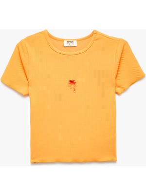 Koton Palmiye Desenli Pencere Detaylı Kısa Kollu Bisiklet Yaka Tişört