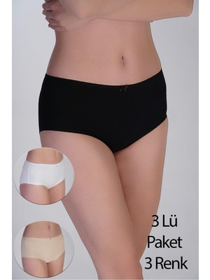 Kadın Yüksek Bel Külot 3'lü Paket – Pamuklu Rahat Kesim Siyah-Beyaz-Ten Renk 365003
