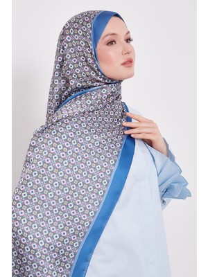 Indigo Kare Desen Hint Ipeği Şal