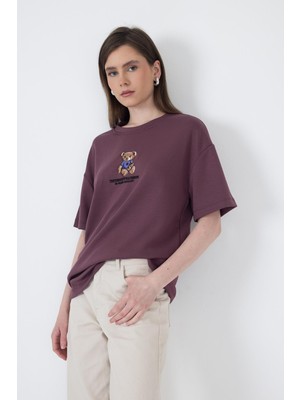 Gül Kurusu Ayıcık Baskılı Bisiklet Yaka Oversize Tişört 5530