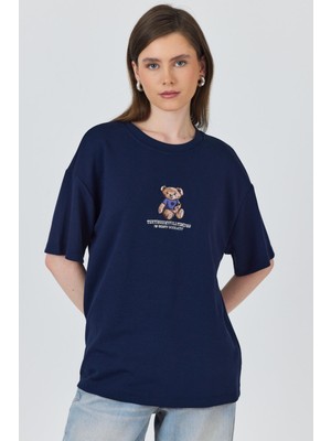 Laci Ayıcık Baskılı Bisiklet Yaka Oversize Tişört 5530