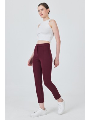 Bordo Yüksek Bel Nervür Dikiş Detaylı Tayt Pantolon 6875A