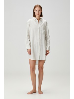 Lino Keten Gömlek Pijama Kırık Beyaz / Siyah Çizgili