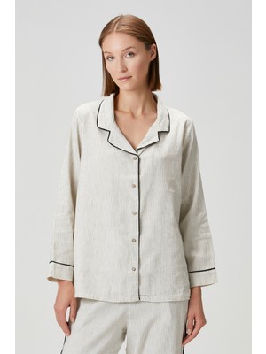 Barine Lino Keten Gömlek Pijama Üstü Krem-Siyah