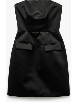 Koton Straplez Yaka Cep Detaylı Saten Bodycon Kolsuz Dar Kesim Mini Abiye Elbise