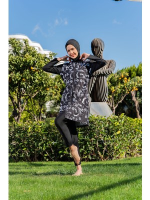 Mirates Siyah Beyaz Desenli Paraşüt Kumaş Tesettür Mayo