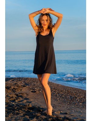 Mirates Siyah  Askılı Micro (Esnek ve Çabuk Kuruyan) Kumaş Elbise Mayo