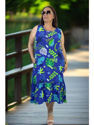 Japone Kol(Kolsuz) Etek Uçları Volanlı Cepli Pamuklu Viskon Büyük Beden Elbise