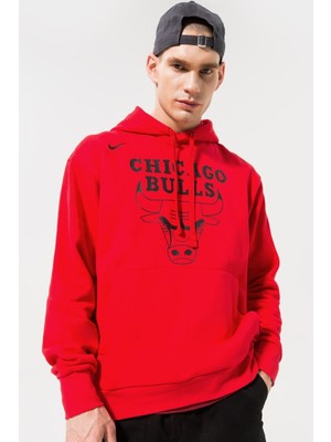 Nike Nba Chicago Bulls Fleece Pullover Essential Erkek Kapüşonlu Bol Kesim Sweatshirt Kırmızı