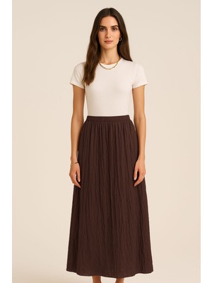 Mizalle Kırışık Görünümlü Saf Pamuk Kahverengi Maksi Etek